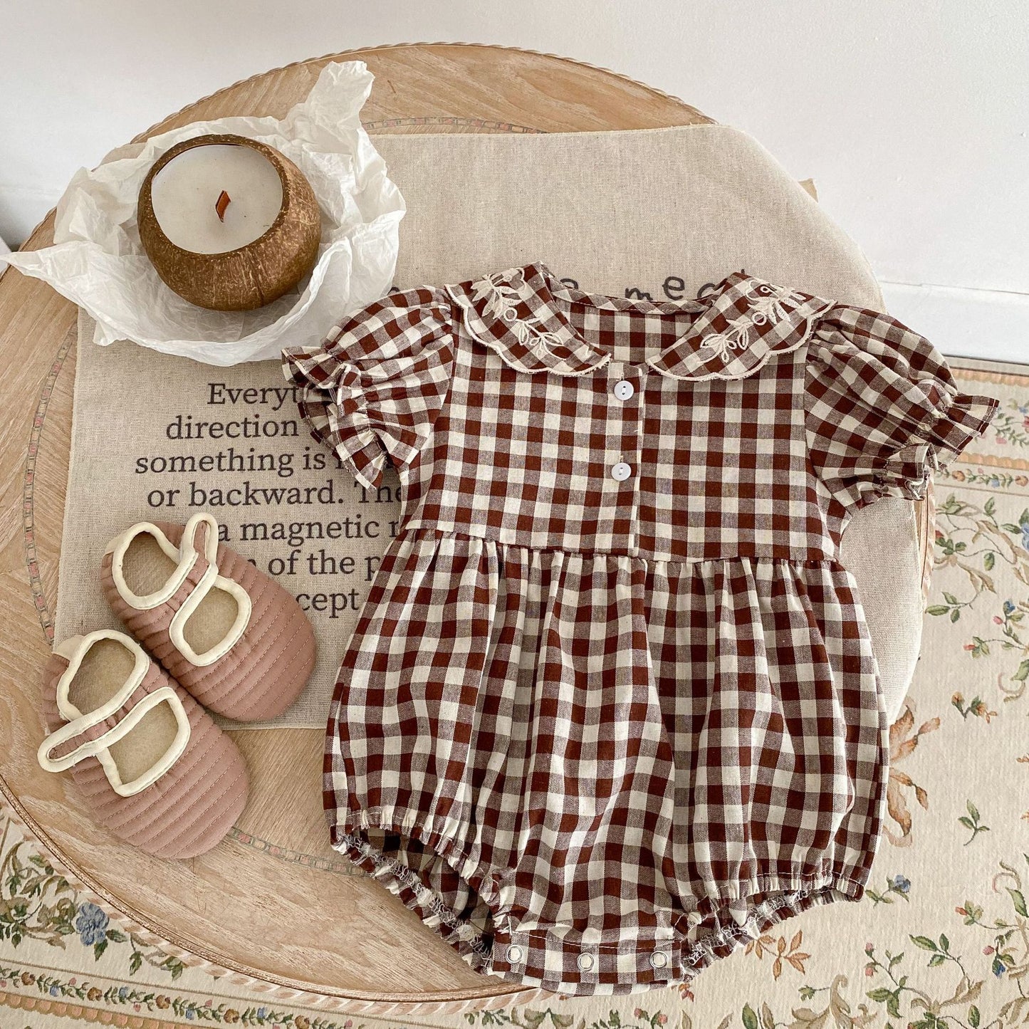 Baby  Embroidered Lapel Plaid Romper