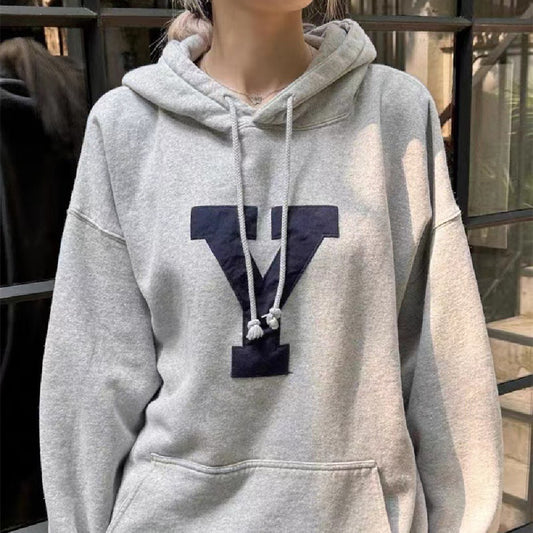 American Letter Patch Hooded Gray Sweater For Women