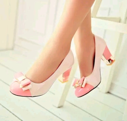 Sweet bow color matching thick heels large size women's shoes bow high heels