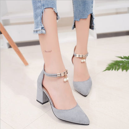 High Heels Women's Workplace Thick With Shallow Mouth Women's Shoes A Word Buckle With Rhinestone Pointed Shoes