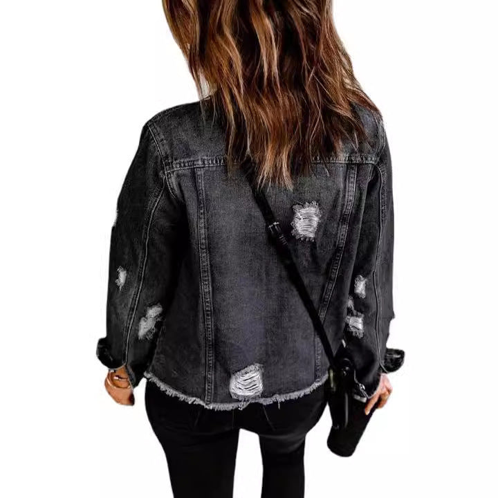 Female Creative Perforated Denim Long Sleeved Shirt