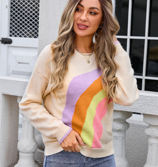 Women's Patchwork Rainbow Striped Fashion Sweater