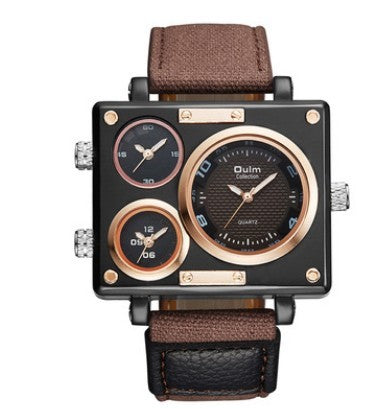 Men's Multi Time Zone Canvas Square Dial Plate Watch