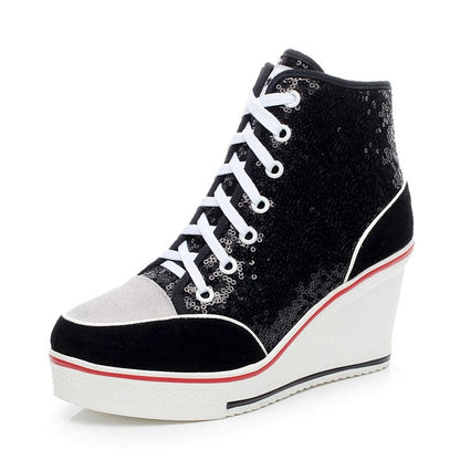 Korean version of high-top casual shoes, women's leather high-heeled shoes, large size women's shoes