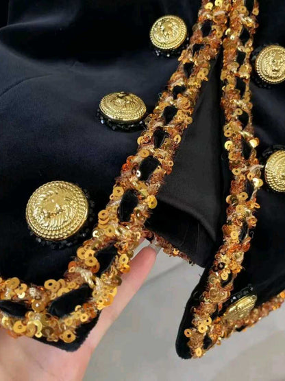 French Retro Heavy Embroidery Sequins Gold Buckle Black Coat