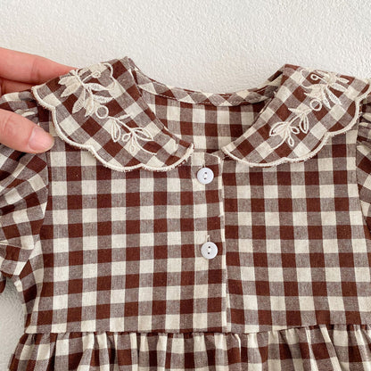 Baby  Embroidered Lapel Plaid Romper