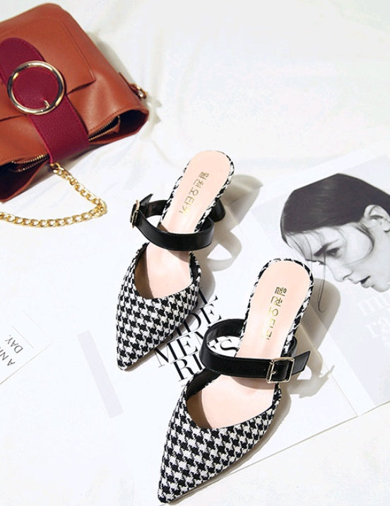 Spring and summer new Korean version of the plaid Baotou half slippers female pointed sandals and slippers high-heeled thick with wild women's shoes