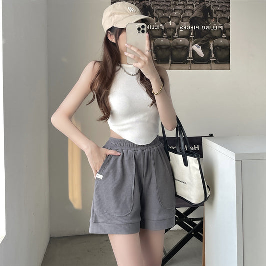 Summer Loose Waffle Casual Wide Leg Pocket