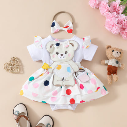 Baby Cute Bear Embroidered Fake Suspender Skirt Short Sleeve Triangle Baby's Gown