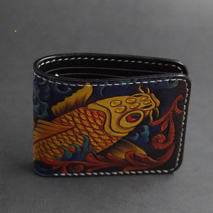 First Layer Cowhide Handmade Leather Carving Wallet Short Carp Couple Gift