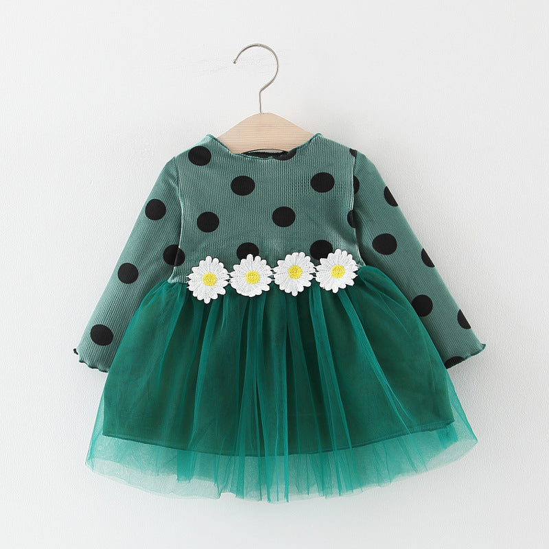 Baby Girl Long Sleeve Polka Dot Waist Flower Mesh  Princess Dress