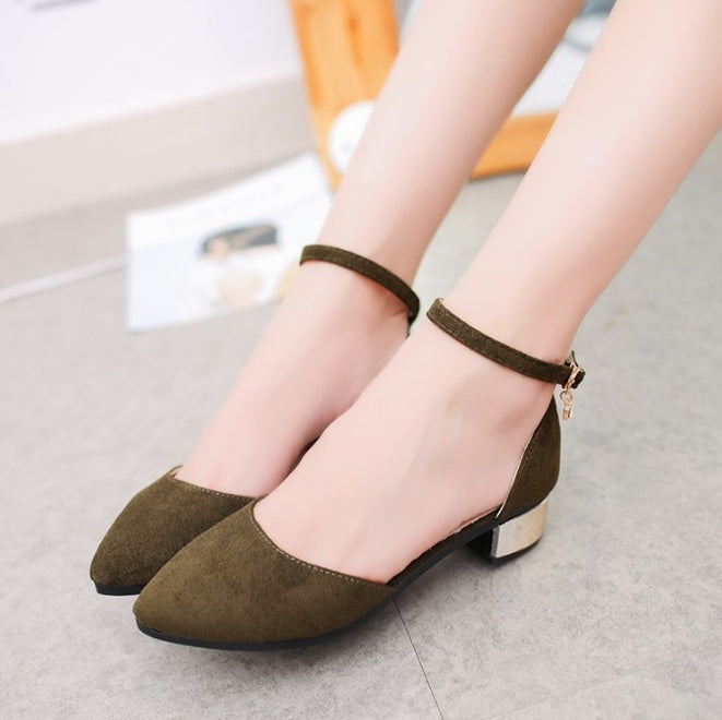 High Heels Women's Workplace Thick With Shallow Mouth Women's Shoes A Word Buckle With Rhinestone Pointed Shoes