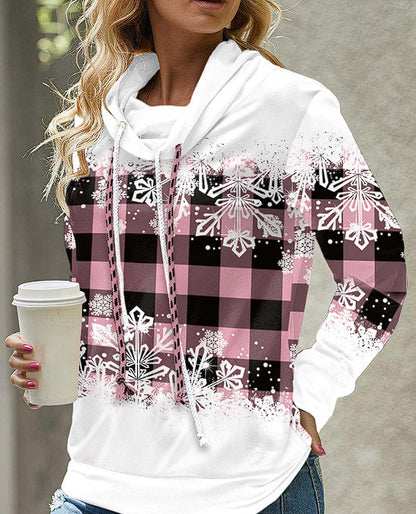 New Women's Pile Collar Hooded Printed Top