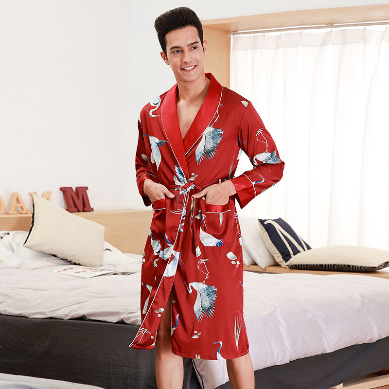 Long-Sleeved Nightgown Men's Bathrobe Silk Homewear