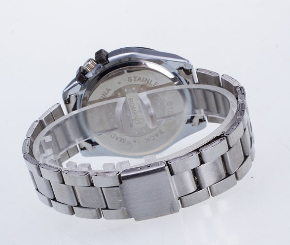 High grade fashionable steel belt, men's sports quartz watch, calendar, false three eye dial, foreign trade popular Watch