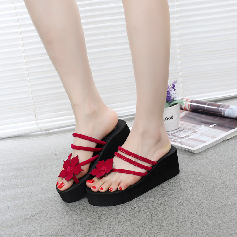 2021 summer new high heels and thick bottom ladies' slippers flowers