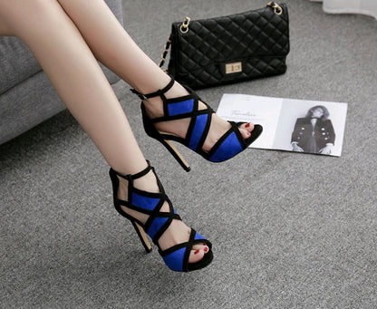 Women's sandals color matching fish mouth cross hollow buckle with fine super high heels
