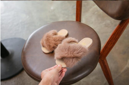 Sandals female Korean version of the cross rabbit fur flat slippers plush shoes