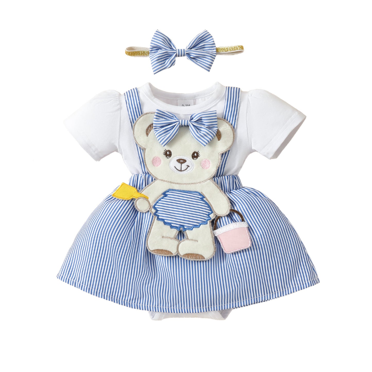 Baby Cute Bear Embroidered Fake Suspender Skirt Short Sleeve Triangle Baby's Gown