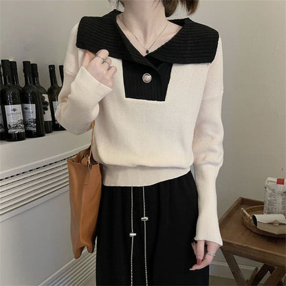 French Contrast Color Lapels Knitted Long Sleeve Sweater