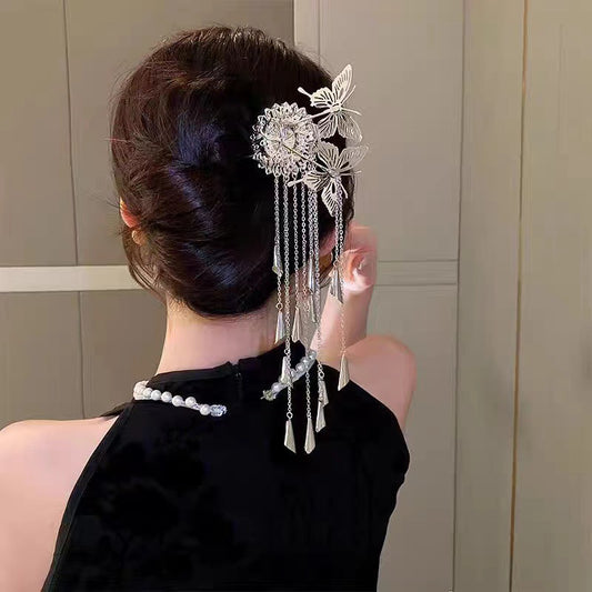 Retro Butterfly Tassel Hairpin Silver Simple Women