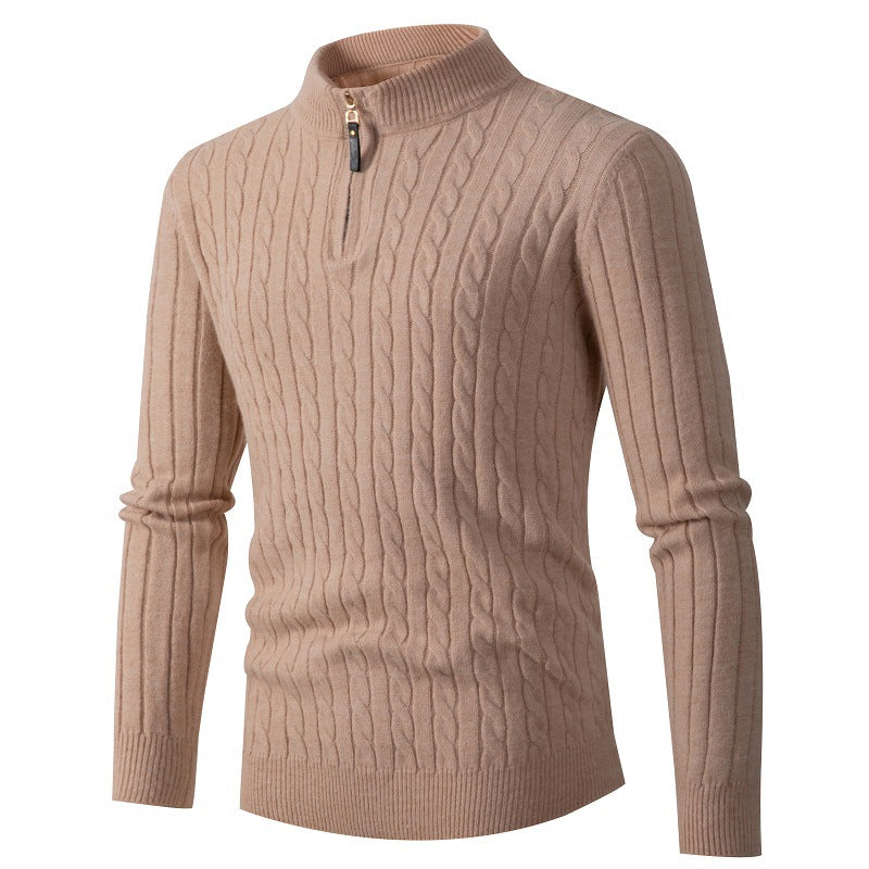 Men's Thick Twist Sweater Zipper Half Open High Collar Warm Sweater Bottoming Shirt