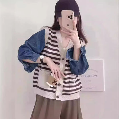 False Two-piece Patchwork Denim Sweater Coat Loose V-neck Striped Sweater