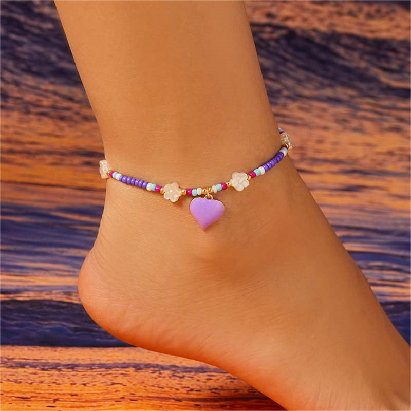 Fashion Love Heart Flowers Bead Anklet For Women