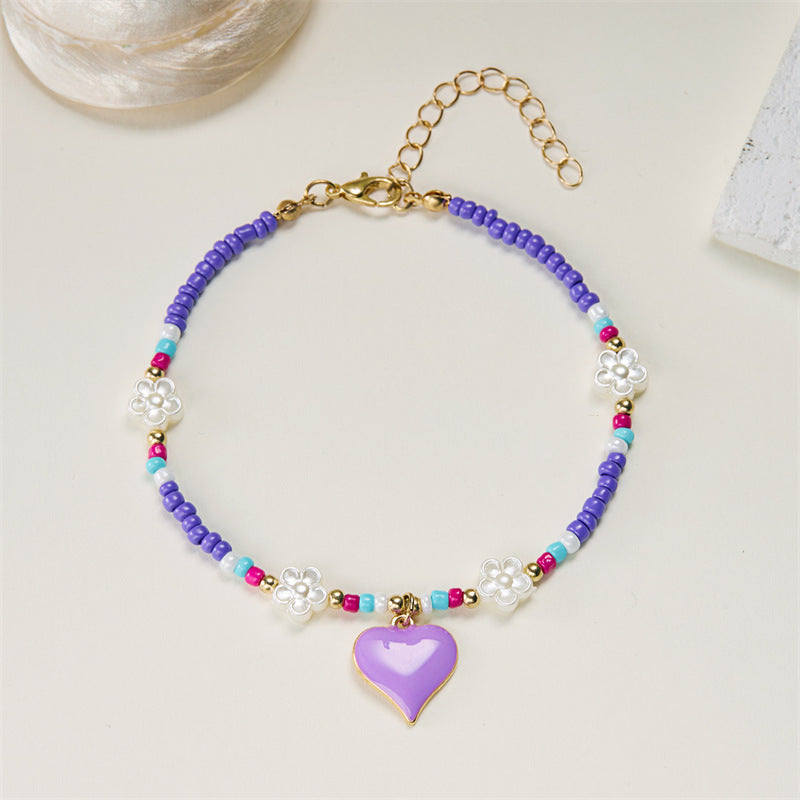 Fashion Love Heart Flowers Bead Anklet For Women