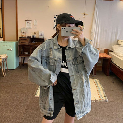 Korean Style Ripped Denim Coat For Female Students