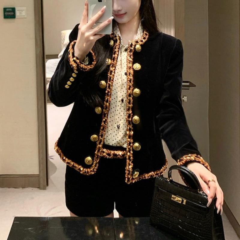 French Retro Heavy Embroidery Sequins Gold Buckle Black Coat