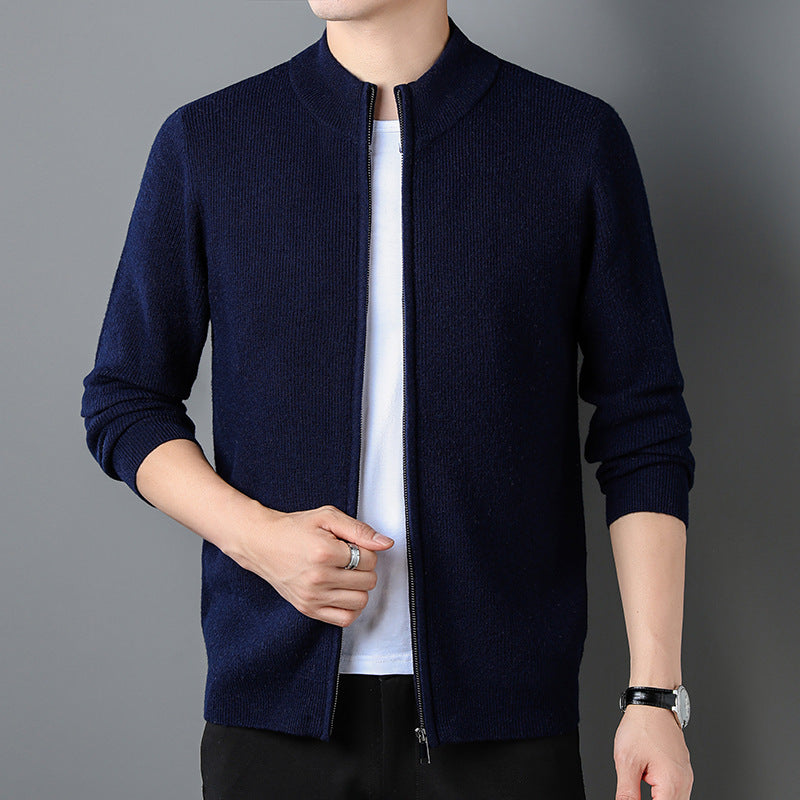 Casual Solid Color Stand Collar Zipper Knitted Cardigan