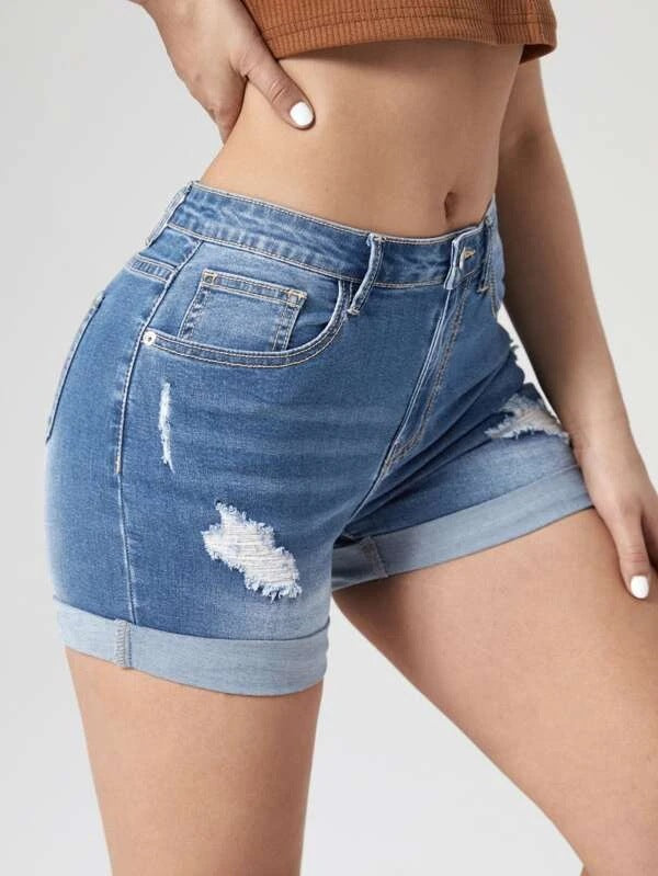 Women's Fashion Holes Curling High Elastic High Waist Denim Shorts