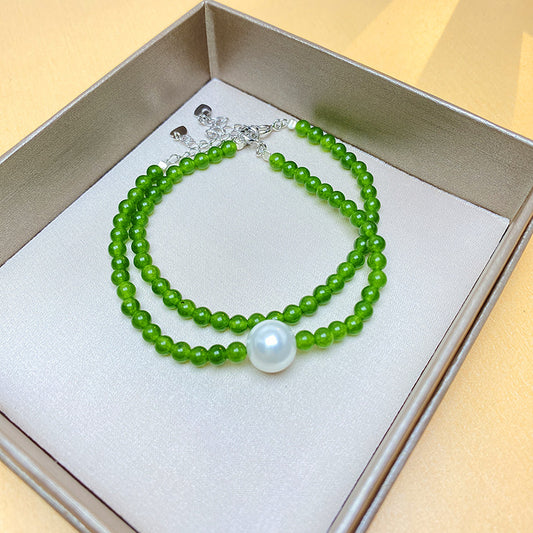Silver White Green Chalcedony Pearl Bracelet For Women