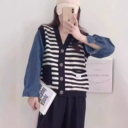 False Two-piece Patchwork Denim Sweater Coat Loose V-neck Striped Sweater