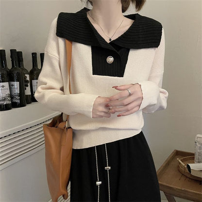 French Contrast Color Lapels Knitted Long Sleeve Sweater