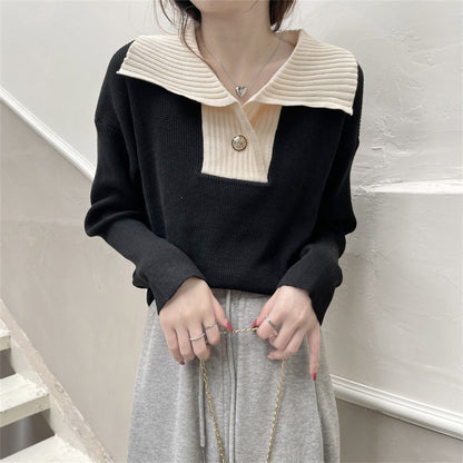 French Contrast Color Lapels Knitted Long Sleeve Sweater