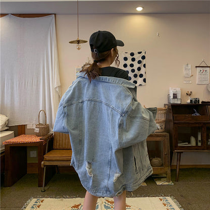 Korean Style Ripped Denim Coat For Female Students