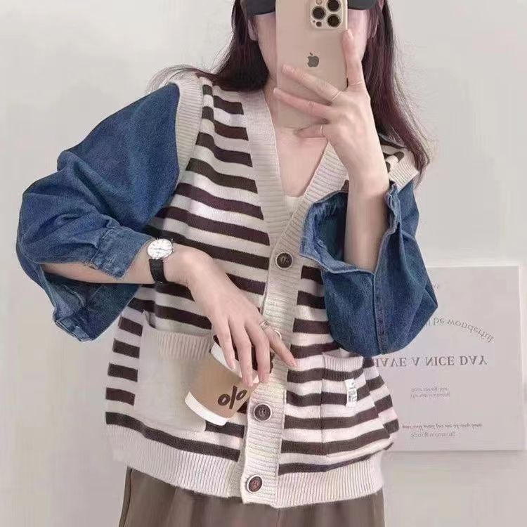 False Two-piece Patchwork Denim Sweater Coat Loose V-neck Striped Sweater