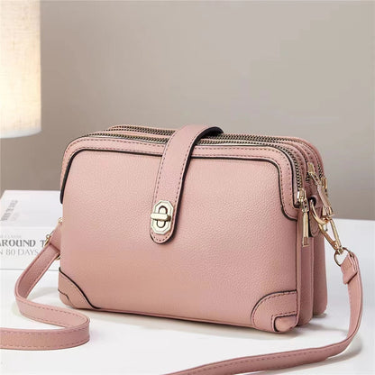 Multi-layer Lychee Pattern Simple Texture Soft Leather Western Style Multi-functional Shoulder Crossbody Small Square Bag