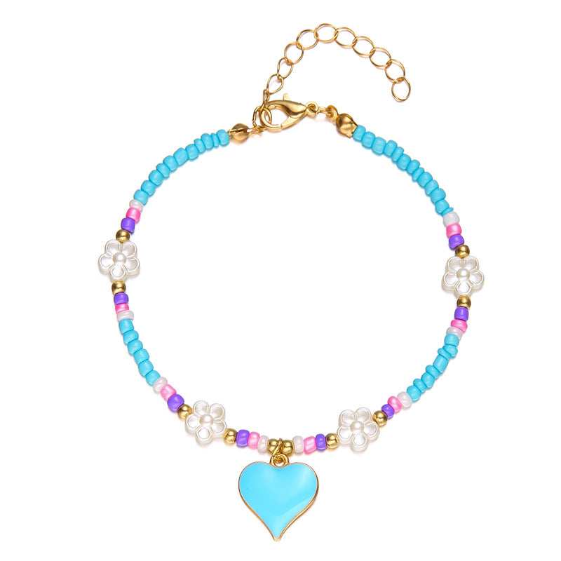 Fashion Love Heart Flowers Bead Anklet For Women