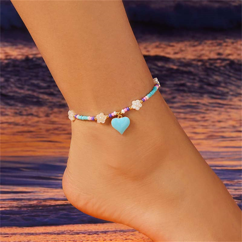 Fashion Love Heart Flowers Bead Anklet For Women