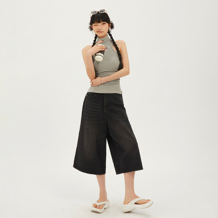 American Retro High Waist Loose Wide Leg Pants Versatile Cropped Pants Shorts Straight