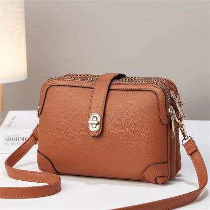 Multi-layer Lychee Pattern Simple Texture Soft Leather Western Style Multi-functional Shoulder Crossbody Small Square Bag
