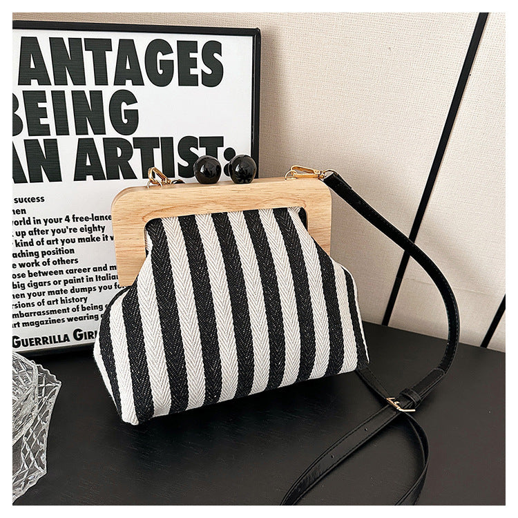 New Striped Canvas Wooden Clip-mouth Clutch