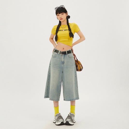 American Retro High Waist Loose Wide Leg Pants Versatile Cropped Pants Shorts Straight