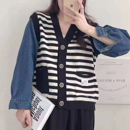 False Two-piece Patchwork Denim Sweater Coat Loose V-neck Striped Sweater