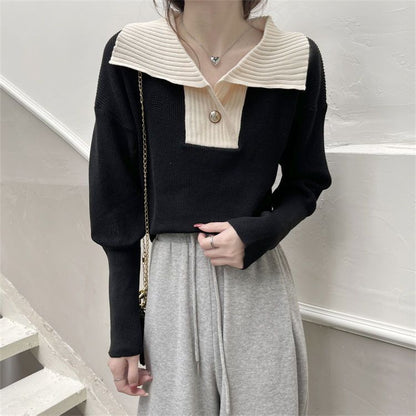 French Contrast Color Lapels Knitted Long Sleeve Sweater