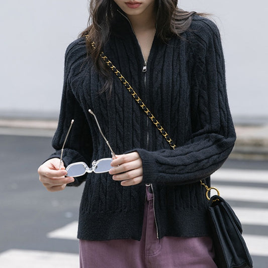 Zipper And Lapel Cable-knit Sweater Women's Autumn And Winter Solid Color Vintage Coat