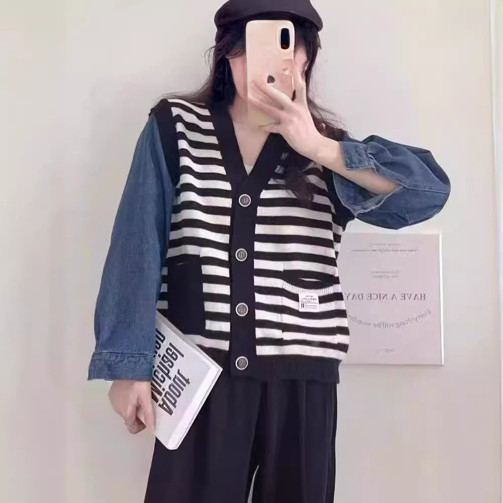 False Two-piece Patchwork Denim Sweater Coat Loose V-neck Striped Sweater